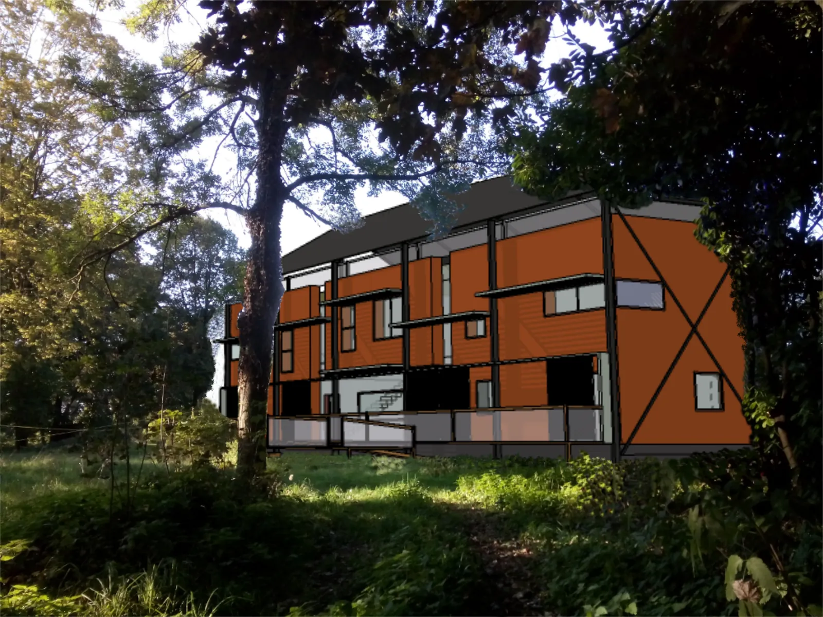 Vue projetée du bâtiment en bois dans son environnement arboré
